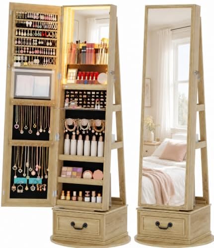 Vlsrka Mirror Jewelry Cabinet Standing with Lights, Lockable, Swivel, Wood by VlsrkaFurniture