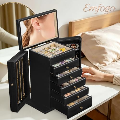 Emfogo Wooden Jewelry Box for Women, 6-Tier Large Jewelry Organizer Boxes with Mirror Rustic Solid Wood jewlery Storage for Rings Earrings Necklaces Bracelets watches(Black) - Image 4