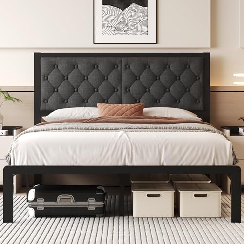 Fluest Queen Bed Frame with Headboard Linen Upholstered Bed Frame Platform,All Metal Slats Support Platform Bed Frame with Storage Space,Easy Assembly,Noise Free,No Box Spring Needed,Grey by Fluest