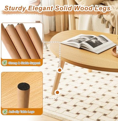 Coffee Table Low Table with Solid Wood Legs, 31.5x19.7 Large Coffee Table Side Table, Floor Table Desk for Sitting on The Floor, Living Room Furniture for Office Apartment Home, Pebble-Natural - Image 4