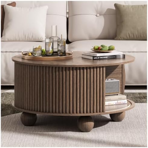 JOINICE 31.5" Round Coffee Table with Storage,Unique Bun Feet,Walnut Finish - Image 7
