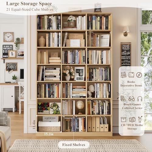 HOSTACK 86" H Triple Wide Bookshelf and Bookcase, 7 Tier Tall Bookshelf with Storage, Large Bookcase with 21 Open Display Storage Shelves, Book Shelf Media CD DVD Storage for Living Room, Light Wood - Image 5
