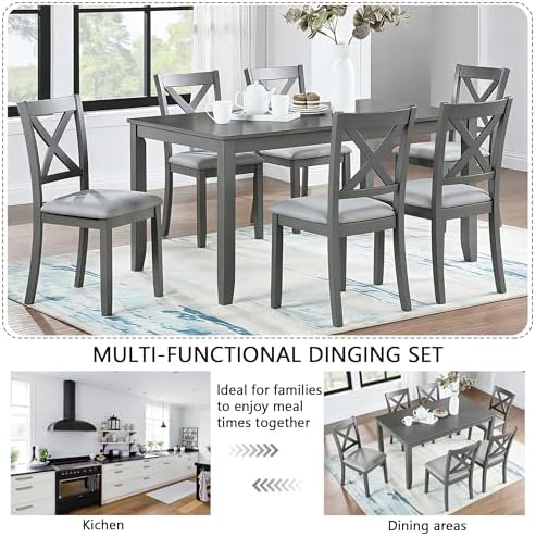 Harper & Bright Designs Modern 7-Piece Dining Set,58.5" Solid Wood Table & 6 Padded X-Back Style Chairs, Grey for Kitchen/Dining Room, 6-Person Seating - Image 7