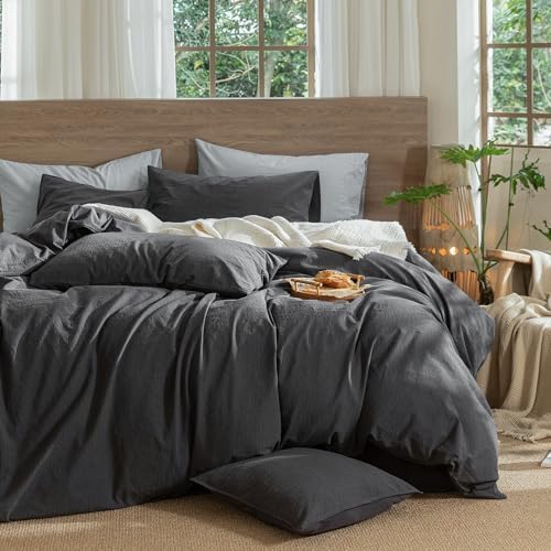 MooMee Wavy Striped Duvet Cover Set 100% Washed Cotton Linen Like Textured Breathable Durable Soft Comfy (Charocal Grey, Palatial King/Oversized King 120"x98") - Image 6
