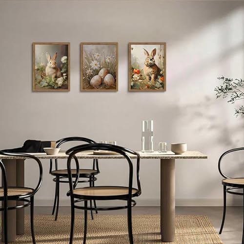 Vintage Easter Bunny Wall Art Set of 3, Spring Easter Rabbit Eggs Canvas Wall Decor Paintings, Rustic Farmhouse Animal Artwork Prints Pictures for Living Room Bedroom Bathroom 16x24 Inch Framed - Image 4