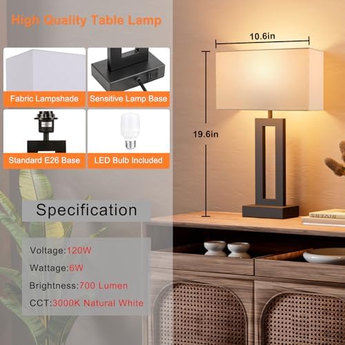 Nightstand Table Lamps for Bedrooms Set of 2 - Touch Bedside Lamp with USB C+A, 3 Way Dimmable Living Room Lamps for End Tables Set of 2, Modern Night Stand Lamps for Bed Side Guest Room(White) - Image 6