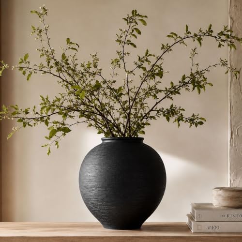 Large Blak Ceramic Vase - 9 Inch Large Black Round Vase, Rustic Farmhouse Vase for Home Decor, Dining Table, Shelf, Bedroom, Living Room, Kitchen, Office, Bathroom, Mantle, Centerpiece Décor by QIANLING