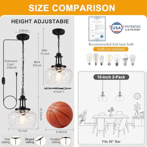 Plug in Pendant Lights Kitchen Island, Modern Matte Black Pendant Light Fixtures with 10" Clear Hammered Glass Shade, Industrial Hanging Pendant Lights Fixture for Kitchen Island Dining Room Entryway - Image 5
