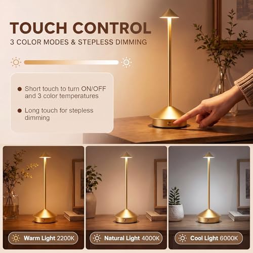 6 Pack Cordless Table Lamp, 3 Color Stepless Dimmable, Gold - Image 3