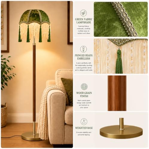 Vintage Floor Lamp For Living Room,Remote Dimmable Wood Gold Standing Lamps With Victorian Fringe Green,Retro Corner Tall Floor Light For Bedroom,Office,Boho Farmhouse Mid Century Modern Decor - Image 3