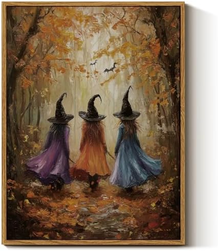 InSimSea Framed Canvas Wall Art, Fall Witch Picture, Vintage Halloween Decor for Living Bedroom Hallway Entryway Fireplace, Autumn Forest Decor, 12x16 Inch by InSimSeaArt