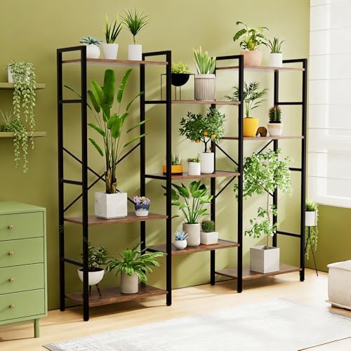 GRUSIGN Triple 4 Tier Book Shelf, Modern Bookcase Shelf, Freestanding Large Display Shelves for Living Room/Office/Garage, Stable Large Bookshelf with Storage for Books/LEGO/Plants, Rustic Brown - Image 4
