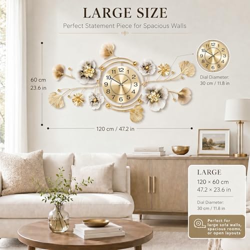 47" 3D Ginkgo Wall Clock with Sculpted Metal Leaves - Image 7