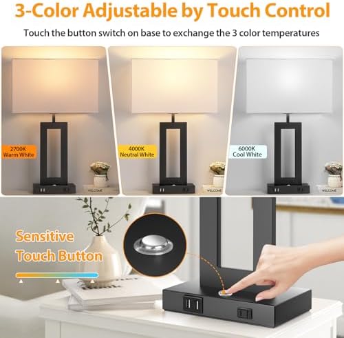 27.2’’ Tall Black Table Lamps for Living Room Bedroom, Bedside Touch Control Lamps with 2 USB Ports&AC Outlet, 3 Color Temp.&Stepless Dimming Desk Lamp Sets for Home Office, Pre-assembled White Shade - Image 3
