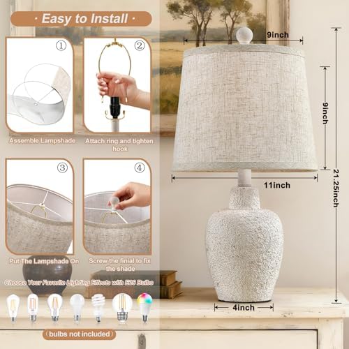 Table Lamps for Bedroom Set of 2 Farmhouse Table Lamps for Living Room 21" Rustic Cottage Jar-Shaped Bedside Lamp for Nightstand with Natural Beige Finish,Bulbs Not Included - Image 2