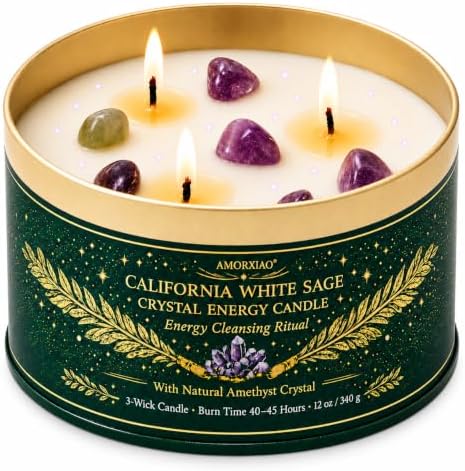 White Sage Candle for Cleansing with Crystals, 12 oz 3-Wick Jar Candle by YMing