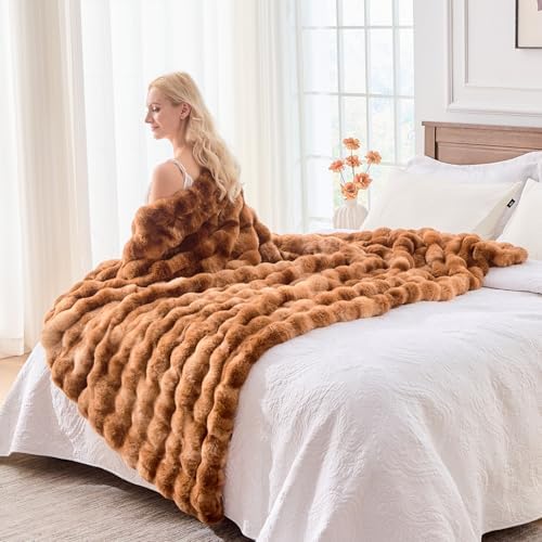 BENVWE Faux Fur Throw Blanket for Couch Bed - Fluffy Soft Thick Bubble Blanket for Living Room Home Decor - Fathers Day Birthday Gifts for Women Men, Tie-dye Caramel, 60" x 80" - Image 6