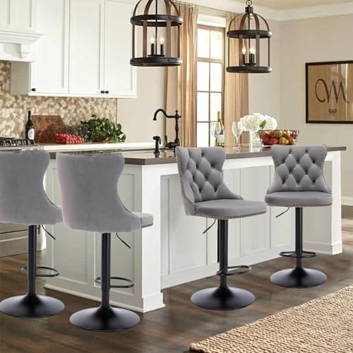 SoarFlash Velvet Bar Stool Set of 4, Adjustable Swivel Bar Stools with Black Metal Leg, Button Tufted, Footrest, Chrome Nailhead, Counter Height Chair for Kitchen, Bar, Dining Room (Grey) - Image 3