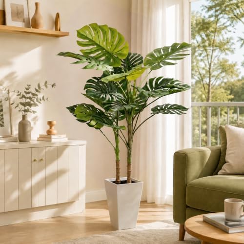 5FT Fake Monstera Plant with White Planter & Thickened Trunk - Image 3