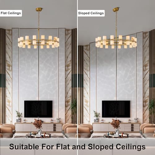 Alabaster Round Chandelier, Natural Spanish Stone Texture Chandeliers, D31in Round Chandeliers for Dining Room Chandelier Light Fixture for Kitchen Living Room Foyer Entryway Hallway (Brass) - Image 5