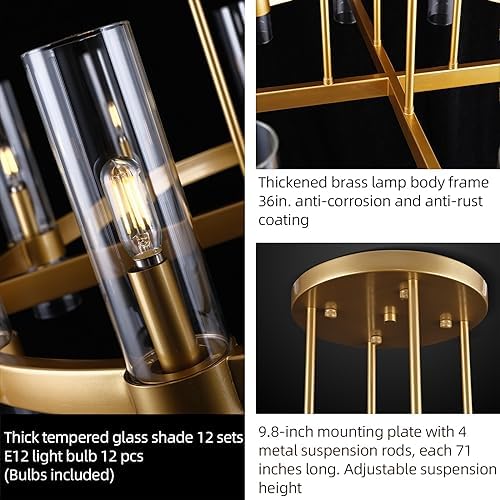 Knurldon12 Light Brass Round Chandelier 36" Wagon Wheel Chandeliers for Dining Room Light Fixture Clear Glass Tube Chandelier Modern Farmhouse Chandeliers for LivingRoom Foyer, Bulb Included - Image 5