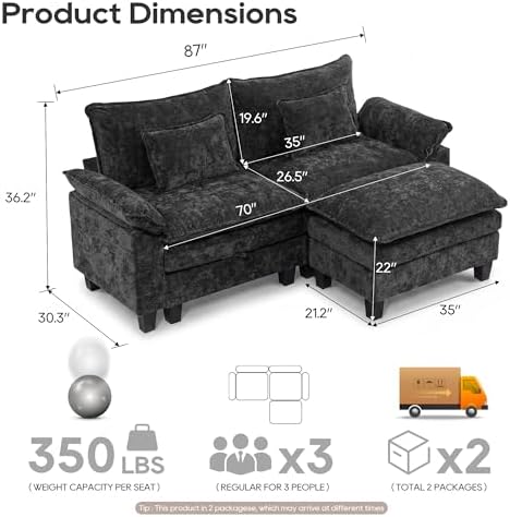 URRED Oversized Modular Sectional Sofa，Black：87" L Shaped - Image 2