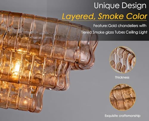 54" Smoked Gold Rectangular Drum Large Chandeliers for Dining Room, 5-Light Modern Round Hanging Light Fixture for Kitchen Island, Living Room, Foyer - Image 3