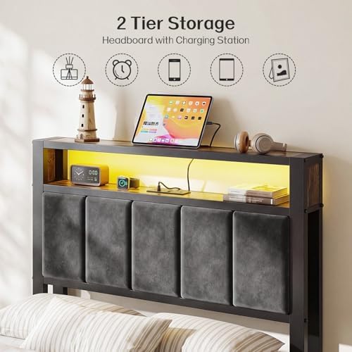 OLEVS Twin Bed Frame with LED Light Storage Headboard and Charging Station Type C, Metal Platform Bed Twin Size,No Box Spring Needed, Noise Free, Easy Assembly - Image 3
