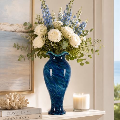 19.7H Murano Hand Blown Glass Vase, Ruffled Scalloped Rim Wide Mouth Colorful Decorative Flower Vase, Large Glass Centerpiece for Living Room, Bathroom, Office, Bookshelf, Entryway,Mantel Decor(Blue) - Image 6
