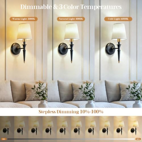 Battery Operated Wall Sconces Set of 2, Wireless Rechargeable Wall Lights with 12 RGB Colors and 3CCT Dimmable, Small Fabric LED Wall Lamps for Bedroom, Living Room, Hallway, Black Gold - Image 4