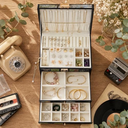 Vintage Jewelry Box with Multiple Drawers, Lockable Lid, Velvet-lined, Black with Animal Motif, Necklace and Ring Organizer (green) - Image 3