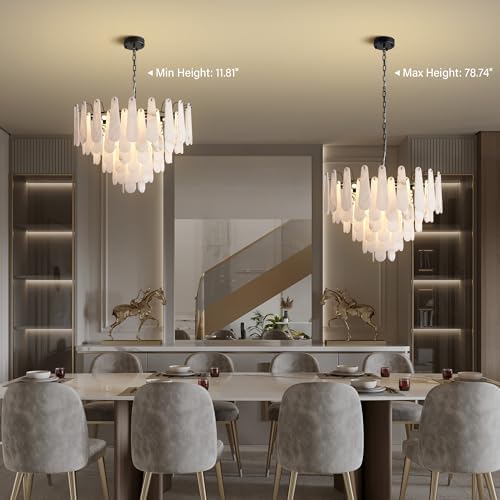 Alabaster Chandelier, D31.5 in Modern Round Chandelier, 6-Tiers Luxury Large White Marble Black Chandeliers for Dining Room Bedroom Foyer Living Room Entryway - Image 5