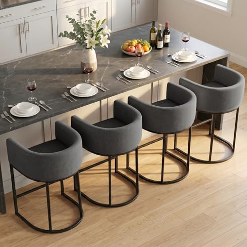 Counter Height Bar Stools Set of 4, 24 Inch Seat Height Barstools for Dining Room, Fabric Upholstered Bar Chair for Kitchen Island, Linen Counter Stools with Metal Legs, Carbon Black by KRAMZMINGQualityHome