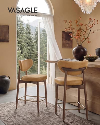 VASAGLE Wooden Bar Stools Set of 2, Synthetic Leather, Caramel Brown - Image 3