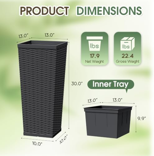 24 Inch Tall Plastic Planters (Set of 2) with Drainage Holes, Black - Image 7