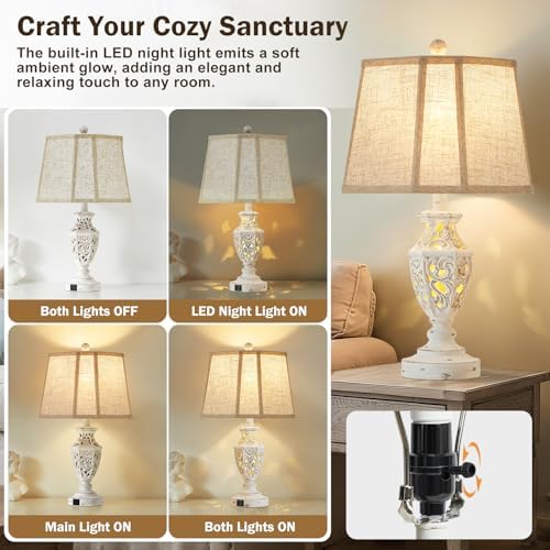 EJIAXIN Lamps for Night Stands Set of 2-23.5" Boho Bedside Lamp with USB A+C and Nightlight - Cream Rustic Carved Resin Farmhouse Table Lamp for Bedrooms, End Tables, Living Room, Bulbs Included - Image 3