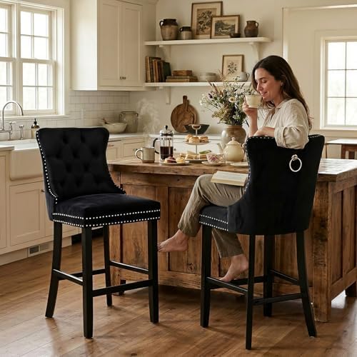 SoarFlash Modern Velvet Upholstered Bar Stools Set of 2 with Wood Legs, Button Tufted,Chrome Nailhead, Counterstool Seat, Armless Bar Chairs (Black) - Image 3