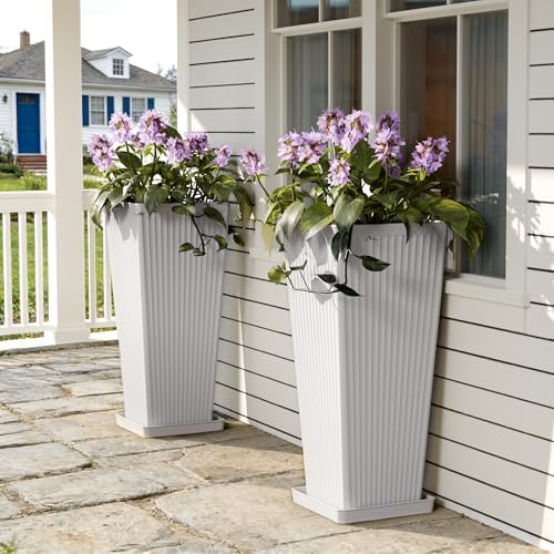 Square Tall Planters for Outdoor Plants with Tray - 24" White 2Pack - Image 6