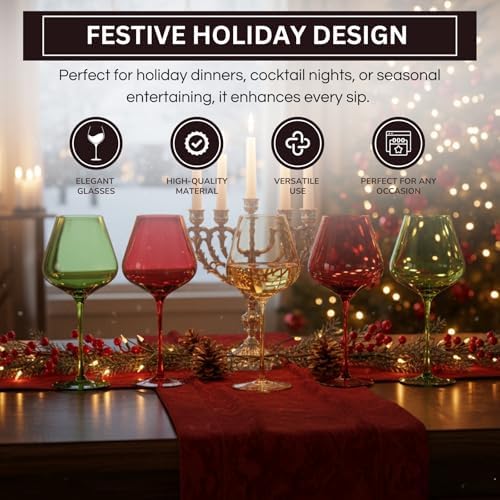 Khen Festive & Holiday Colored Wine Glasses Set of 5 In Luxurious Gift Box – 20oz Stemmed Goblets, Thanksgiving Dinner, Entertaining – Wedding Red, Green & Gold Glassware for Party Celebrations - Image 4