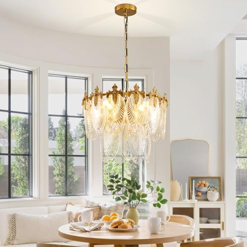 Antique Chandeliers 2-Layer Gold Crystal Glass Chandelier, 4-Light Round Pendant Light 17.7" Brushed Brass Adjustable Height, Applicable to Dining Room, Bedroom, Living Room, Foyer, Kitchen Island - Image 2