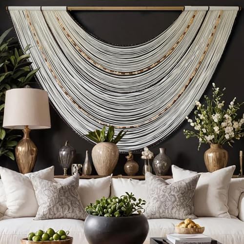 Macrame Wall Hanging Boho Wall Decor Beaded Fiber Art Handmade 57"W*35"L - Image 2
