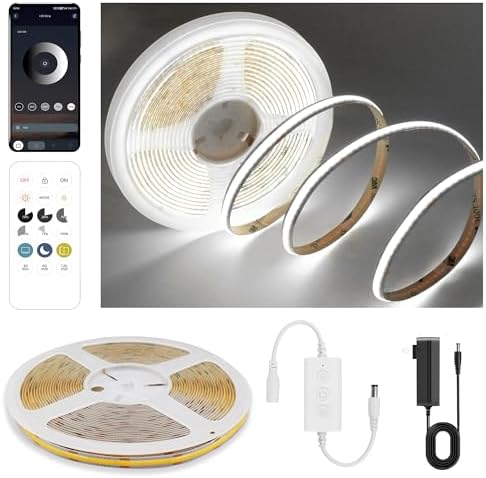 Pandery COB LED Strip Lights Cool White,24V Dimmable led Light Strip KIT with Remote and app Control,6000K 9.84FT/3m 8mmwide Ra>90 Cuttable Flexible Strip Lights for Bedroom,Wardrobe,Cabinet by PanderyCOBLightUPYourLife