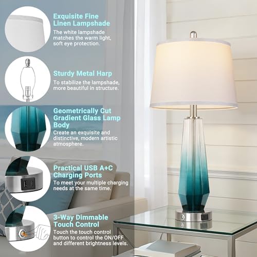 QiMH Glass Table lamps for living room, Modern Bedside Lamps for Bedrooms,27.5" Tall Nightstand Lamps Set of 2 with 3-Way Dimmable Touch Control, White Linen Shade,USB A/C Charging Ports,Gradient Teal - Image 3