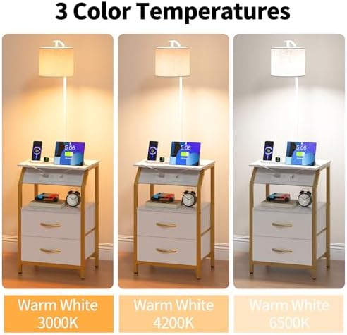 End Table with Floor Lamp, Nightstand with Charging Station, Floor Lamp Table with 3-Color Temperature Bulb, Bedside Table Night Stand with 2 Drawers for Bedroom, Living Room, Gold - Image 6