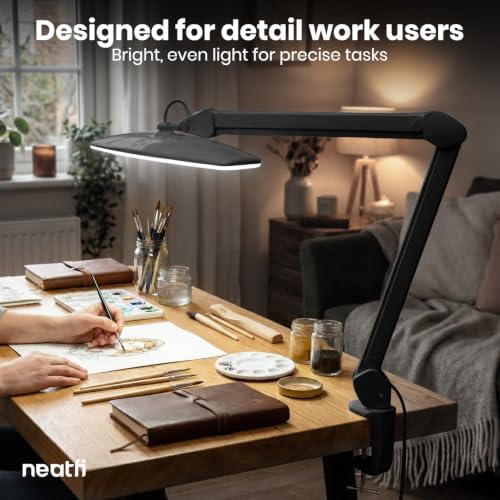 Neatfi Elite HD XL Desk Lamp – 1,600 Lumens, 22” Wide Head, 6500K Daylight | Non-Polar Dimming, Adjustable | Office, Study & Home Workspace (Black, Non-CCT with Clamp, 22 Inches) - Image 2