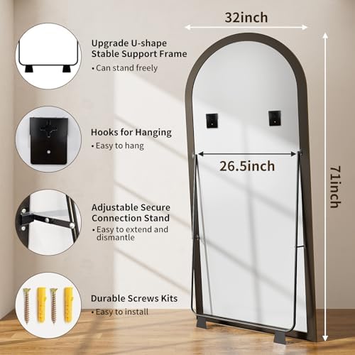 71"x32" Elegant Vintage Arched Full Length Mirror with Stand, Luxury Large Full Body Mirror with Tempered Glass, Leaning Wall Mount Floor Standing Mirrors for Living Room Bedroom Entryway Outfit Check - Image 3
