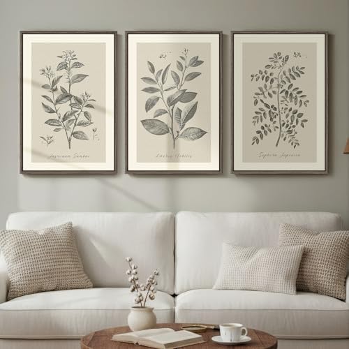 Framed 3 Piece Neutral Vintage Botanical Wall Art for Dining Room, 16x24 In - Image 2