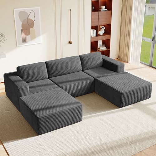 Vesgantti 119" Oversized U-Shaped Modular Sectional Sofa, Corduroy Cloud Couch with Deep Seating & Spring Support, Convertible Sofa with 2 Ottomans, Boneless Couch, No Assembly Required, Grey by Vesgantti