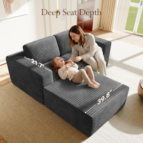 Vesgantti 80" Modular Sectional Sofa, Corduroy Cloud Couch with Deep Seats & Spring Support, Compact 2 Seater Boneless Couch, L-Shaped Modular Sofa for Small Spaces, Apartments, No Assembly, Grey - Image 5