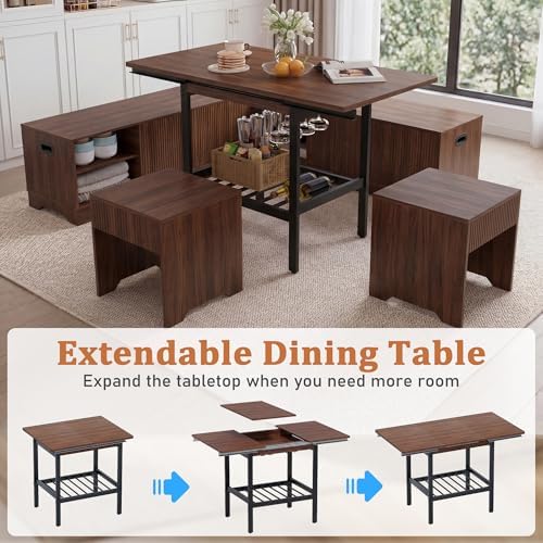 Extendable 6-Piece Breakfast Nook Set with Storage Benches & Stools, Corner Dining Table Set with Wine Glass Holder, Space-Saving Kitchen Table for Indoor/Outdoor Use (Walnut) - Image 2